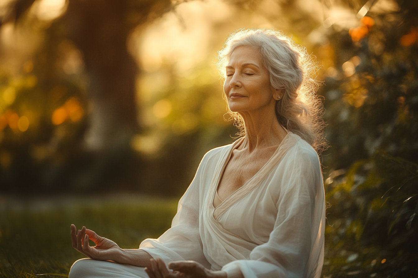 Жінка старшого віку практикує йогу
